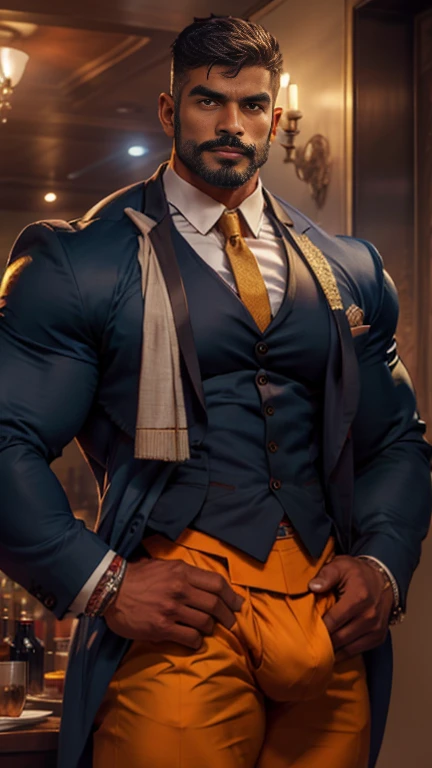 Indian business suit muscular man with handlebar mustache, masterpiece , huge bulge