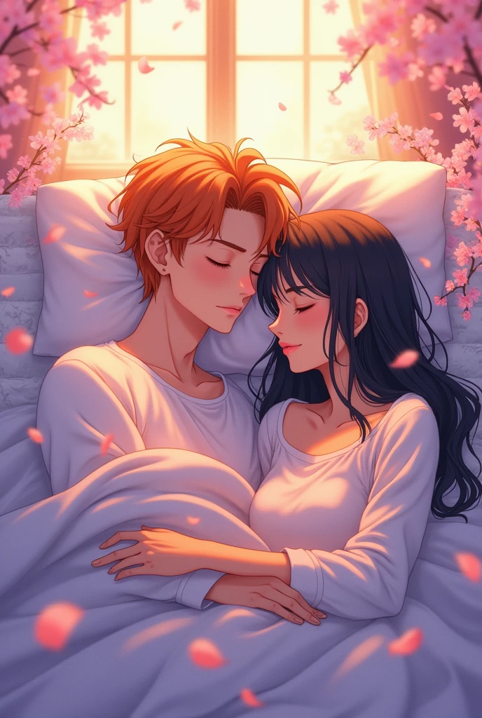 Enchanting anime style, breathtaking masterpiece, orange-haired man, soft features, peaceful expression, relaxed posture, nestled beside black-haired woman, delicate face framed by silky locks, serene ambiance enveloping them, whimsical dreamscape surrounding, soft pastel hues of lavender, warm golden light cascading from above, ethereal background filled with floating cherry blossoms, petals gently drifting and dancing in the air, creating an atmosphere of tranquility, shadows painting gentle curves across their silhouettes, plush bedding with intricate patterns, hues harmoniously complementing characters, subtle light casting soft reflections, composition showcasing tender moment of sleep, inviting viewers to share in the serene experience, encapsulating a narrative of connection and peace, anime art style with intricate detailing and clean outlines, glowing highlights accentuating characters' features, dreamy watercolor textures enhancing depth, soft brushwork blending seamlessly, forming a captivating visual storytelling element, evoking nostalgia and warmth in the heart of the audience