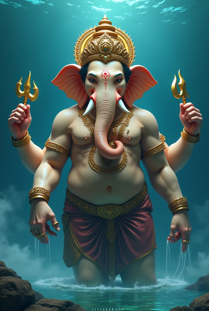 a big Ganesha who is taking bath in water and the colour of sea behind him is blue.