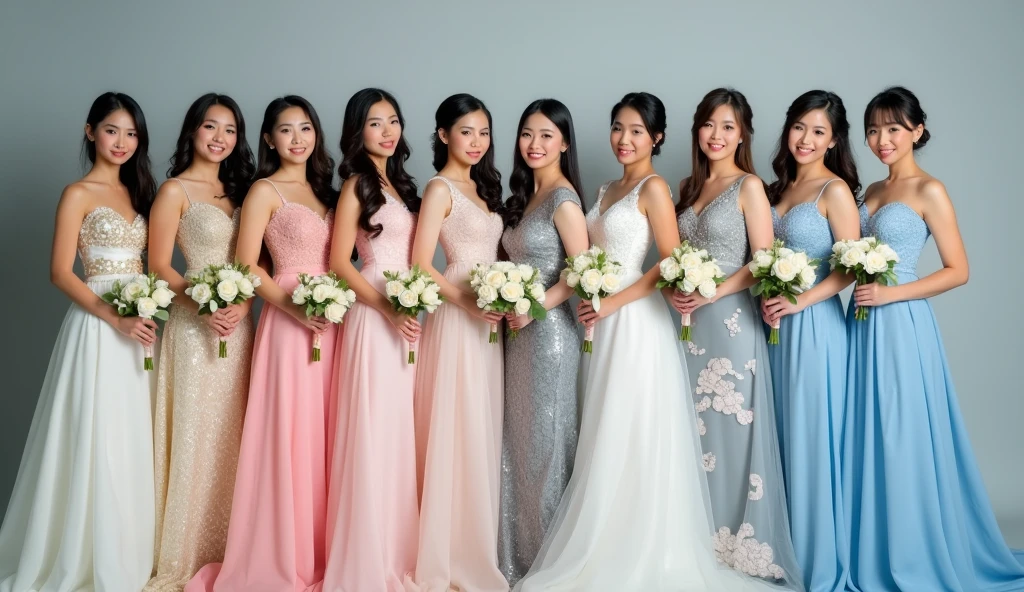 10 beautiful brides. The first and second Thai brides are sisters, 18-19 years old, wearing white and gold wedding dresses with Thai patterns. The third and fourth Lao brides are sisters, 18-1, wearing white and silver wedding dresses with lace patterns. The fifth and sixth Japanese brides are sisters, 19-20 years old, wearing grey wedding dresses with cloud patterns. The seventh and eighth South Korean brides are sisters, 20-21 years old, wearing pink wedding dresses with swan patterns. The ninth and tenth Taiwanese brides are sisters, 20-2, wearing blue wedding dresses. The brides are holding white roses, standing and posing for photos, smiling beautifully.