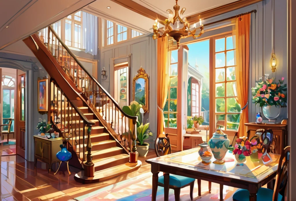 A beautiful house, big, spaceus, modern, (masterpiece best quality:1.2) delicate illustration ultra-detailed, (disney-related event) indoor, detailed background, illustrations, bright, colourful, stairs, door, dining table
