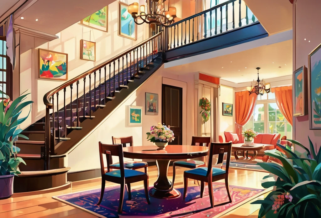 A beautiful house, big, spaceus, modern,  (masterpiece best quality:1.2) delicate illustration ultra-detailed,  (disney-related event) indoor,  detailed background, illustrations, bright, colourful, stairs, door, dining table