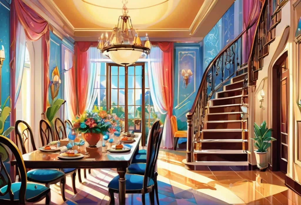 A beautiful house, big, spaceus, modern,  (masterpiece best quality:1.2) delicate illustration ultra-detailed,  (disney-related event) indoor,  detailed background, illustrations, bright, colourful, stairs, door, dining table