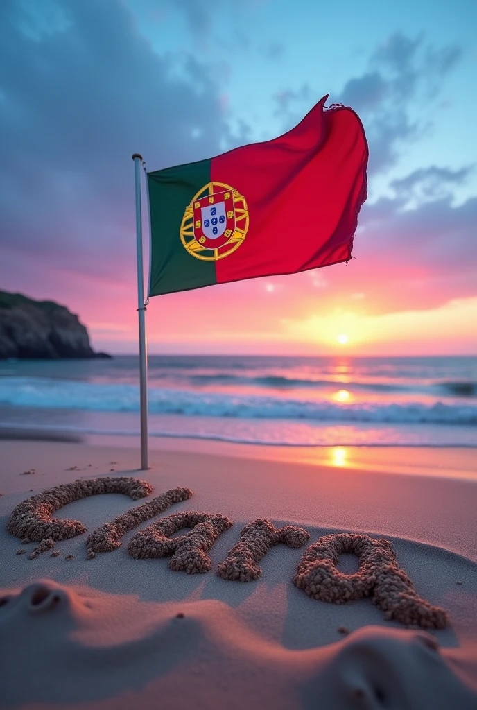 Create an image showing the sea in Portugal with the flag of Portugal and the name Clara engraved in the sand with a blue and pink sunset