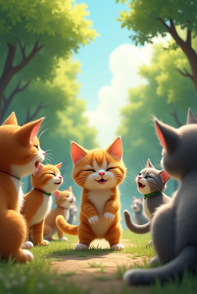 The cat is outside in a park, attempting to join other cats in a playful activity. The other cats laugh at him as he struggles to keep up, further fueling his determination to change.