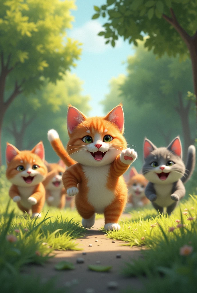 The cat is outside in a park, attempting to join other cats in a playful activity. The other cats laugh at him as he struggles to keep up, further fueling his determination to change.