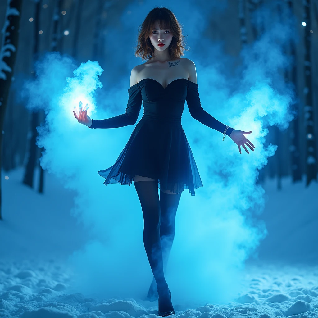 1 girl, beautiful, Seductive, sexy, Asia, Medium bust, Bronze hair, medium length hair, light blue eyes, light red lips, tattoo, Black off shoulder top, sexy, skirt, tights, high-heels, full body, Suitable background, Real picture, spell, The blue water that looks like fog around it is the most realistic.,The backdrop is a snowy sea at night with twinkling stars in the sky.
