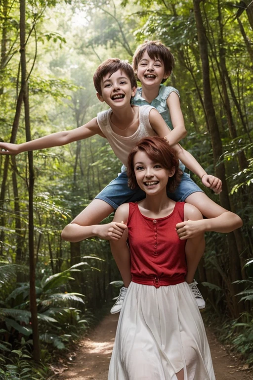 Very happy young skinny children with short red hair, dressed in light summer dresses, ride on their dad's shoulders in a forest in the middle of the afternoon
