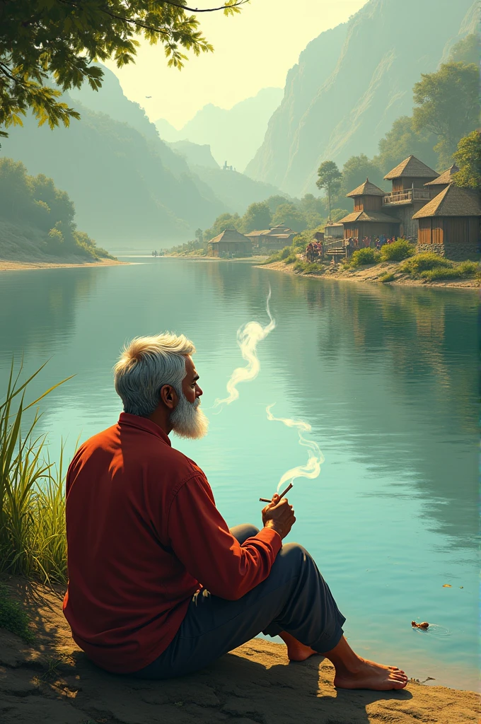 A man setting on taa river side name as sushil and viewing ta view of village and smoking