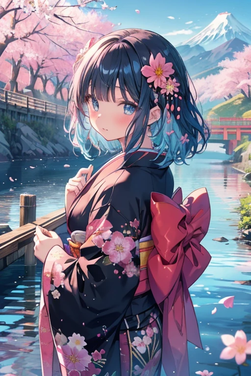 an anime girl in black holding pink flowers by a river with mountains in the background, 1girl, outdoors, japanese clothes, solo, cherry blossoms, kimono, blue hair, looking at viewer, mountain, blush, blue eyes, flower, bridge, hair ornament, holding flower, holding, bangs, sash, day, tree, obi