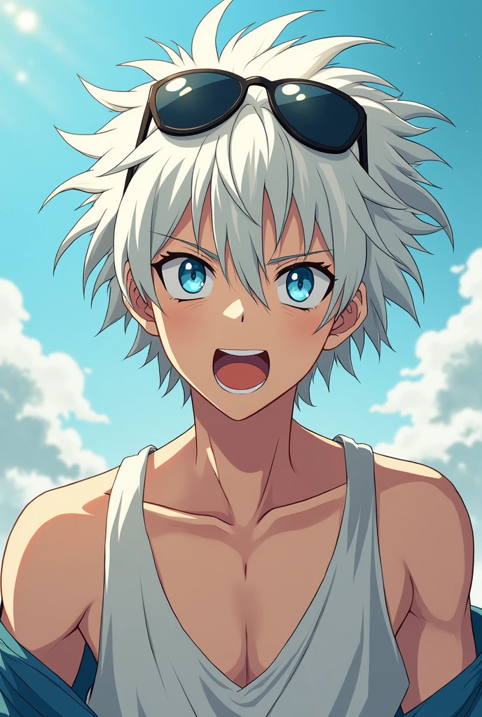 Satoru Gojo (JUJUTSU KAİSEN),I'm sorry,, , 1man, hair up and messy, white dreadlocks hair court(to the ear), DiamonD-formeD pupils, DiamonD (forme), Hair between the eyes,, opened mouth, blue eye, white hair,, chemise,, ¾ sleeves, ssmile, bare, ((bleached hair)), white dreadlocks hair, white chemise, aquarel, Muscle, adulte, lunettes de soleil sur la tête