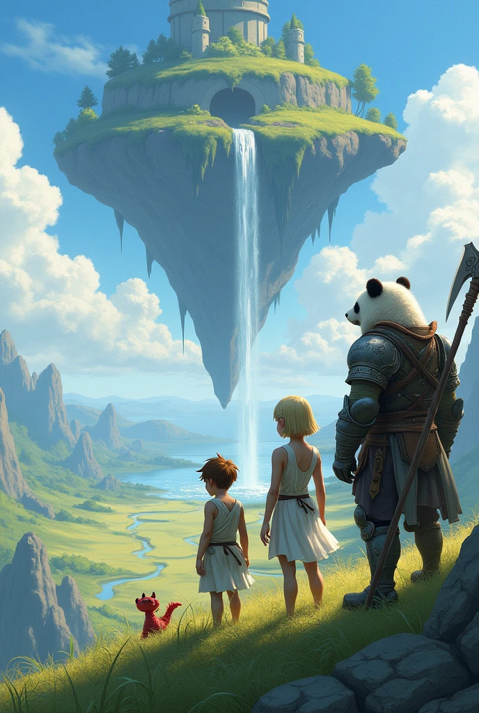 (uhd, masterpiece, anatomically correct, textured skin, super detail, high details, best quality, highres, 8k), Three adventurers standing on a grassy cliff, The man is wearing light armor, Brown Hair, Hair that stands on end, A tiny red dragon is floating in the air next to the man, Elven women wear sleeveless dresses and , Blonde, Short Bob, Stand next to a man, The panda beastman wears heavy armor, Carrying a spear axe, Turning your back on the viewer, I can't see your face, The plain below the cliffs, Looking Down, Mr.々A land where fantasy creatures live, A waterfall flows down from a giant rock suspended in the air.