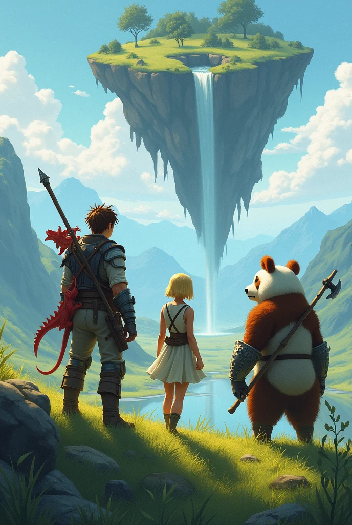 (uhd, masterpiece, anatomically correct, textured skin, super detail, high details, best quality, highres, 8k), Three adventurers standing on a grassy cliff, The man is wearing light armor, Brown Hair, Hair that stands on end, A tiny red dragon is floating in the air next to the man, Elven women wear sleeveless dresses and , Blonde, Short Bob, Stand next to a man, The panda beastman wears heavy armor, Carrying a spear axe, Turning your back on the viewer, I can't see your face, The plain below the cliffs, Looking Down, Mr.々A land where fantasy creatures live, A waterfall flows down from a giant rock suspended in the air.