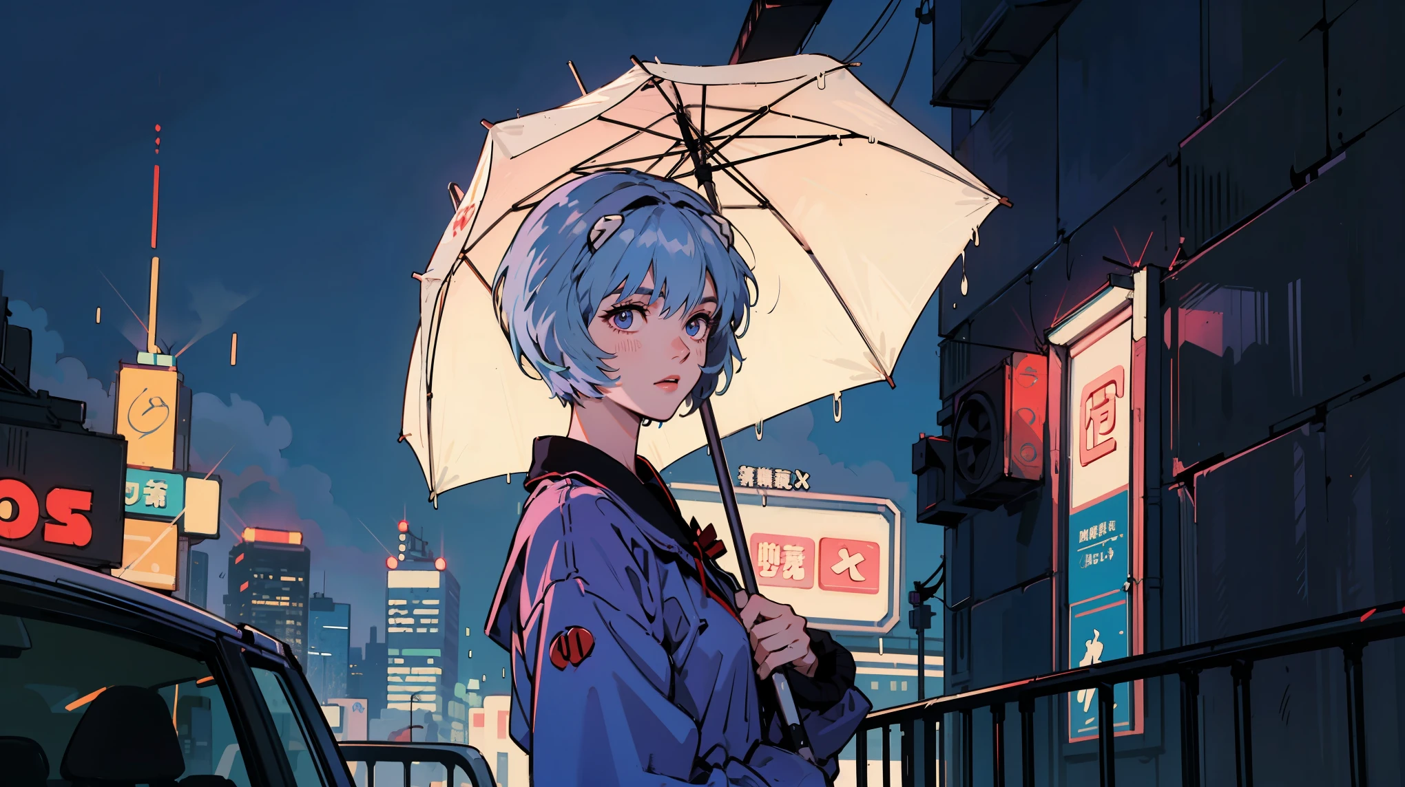 masterpiece, best quality, detailed, ((official style)), (((Rei Ayanami, 独奏))), /neon genesis evangelion/, (upper body), blue hair, short hair, bangs, red eyes, Rainy night in a neon cyberpunk city,A sophisticated vehicle passes by, Neon sign flashing, Skyscrapers pierce the purplish blue sky. Despite being a bustling city, She stands alone、Holding an umbrella
