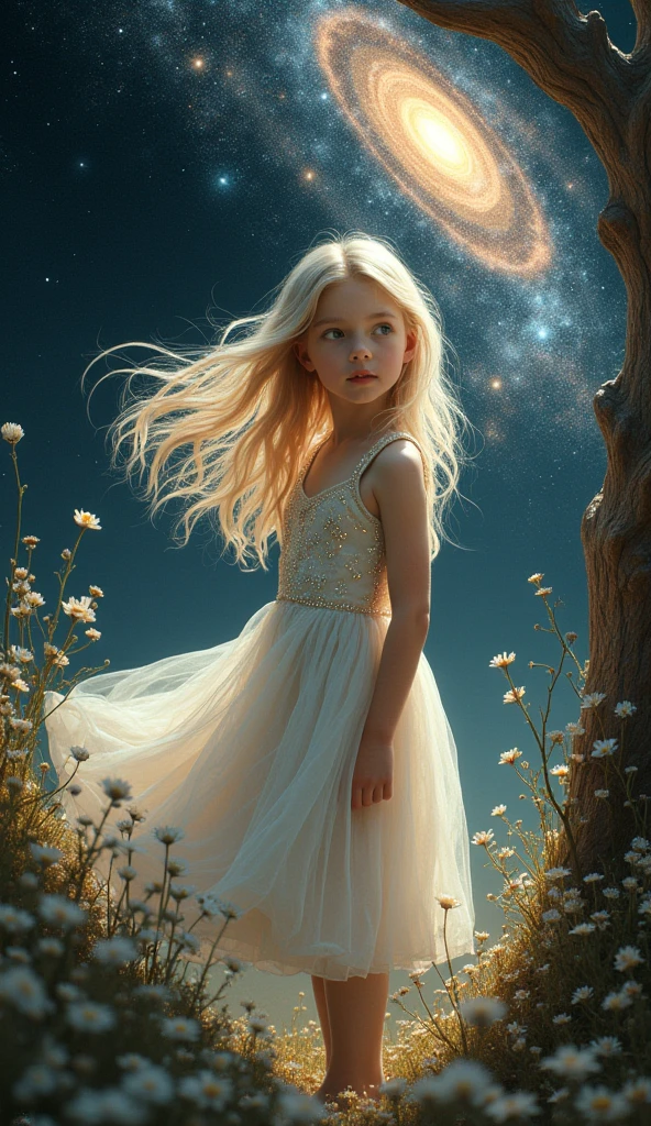 (best quality, artwork), 1 girl, galaxy, SHINE, dress, particle, Wind, flower, trunk, simple dark background, Looking at viewer, blonde,
