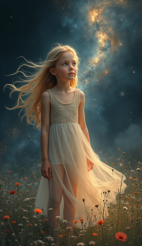 (best quality, artwork), 1 girl, galaxy, SHINE, dress, particle, Wind, flower, trunk, simple dark background, Looking at viewer, blonde,