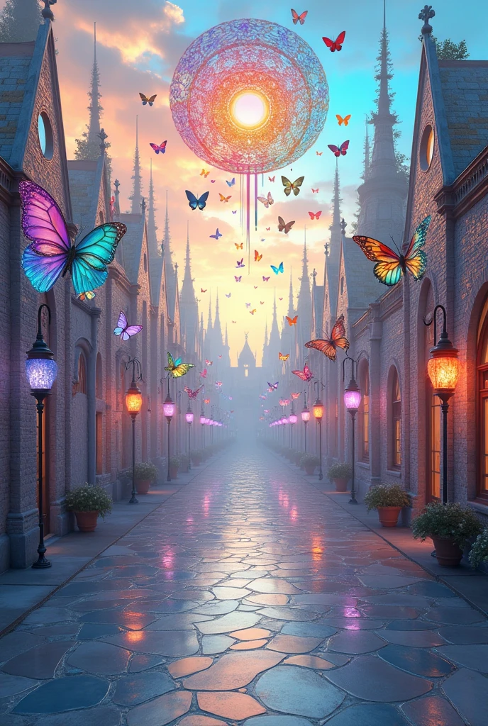 3D drawing art, fantasy world, made of carved from pearl platinum crystal, the streets of the royal capital of a fantasy world protected by a transparent barrier, the floating city, the sky filled with colorful magic circles, the vibrant iridescent butterflies made of stained glass, shadows, contrast, conceptual installation art, (ultra detailed, absolutely resolution, best quality:1.3), 2.5D, delicate and dynamic effects, iridescent lighting effects, artistic photography, hyper realistic