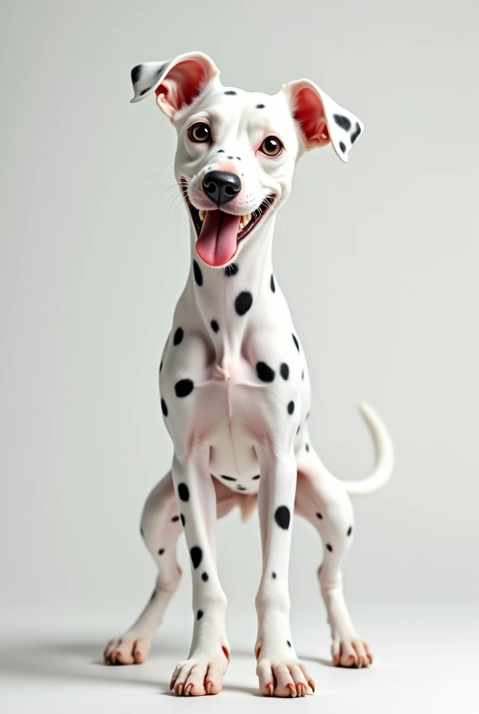 A white pinscher female dog with black spots on her body smiling with her tongue out