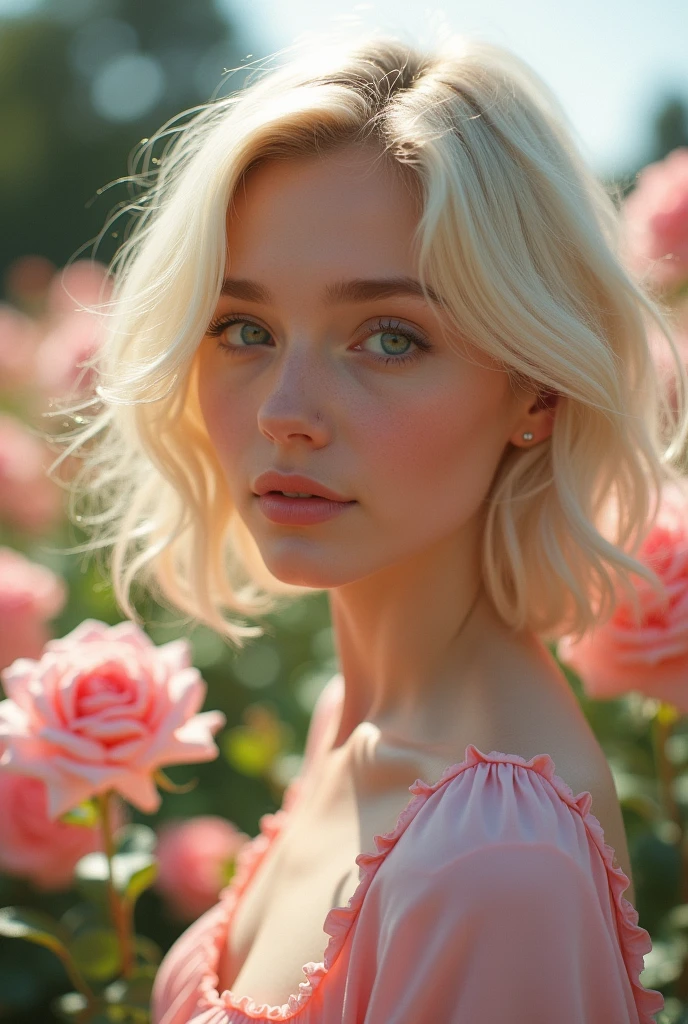 8k, RAW photo, Fujifilm, style photo of a beautiful young woman as avril in a garden of light pink roses (highly detailed skin: 1.2) Style-Petal BREAK short hair, blonde hair with colored locks, wearing a dress, film granulation, 35mm, cute style