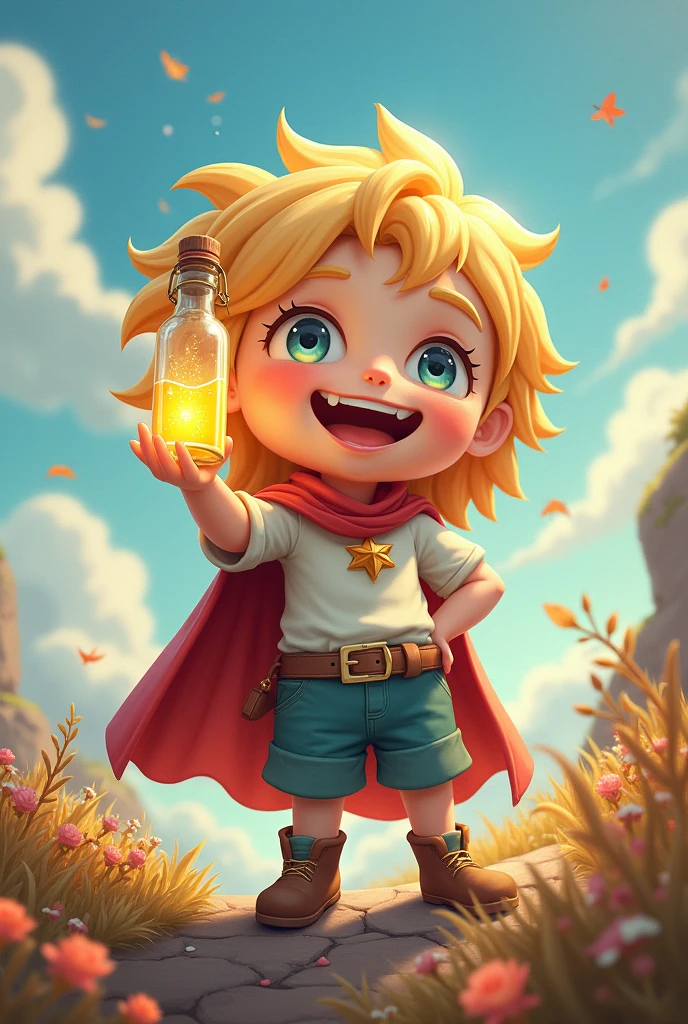 Cute little hero holding a bottle of cooling oil