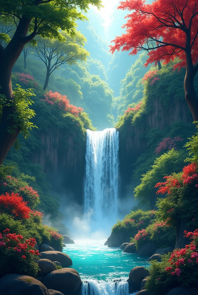 All around are green forest trees with a waterfall in the middle. The trees are red and green with many flowers. Among the trees there are red flowers. All the trees are red and green with many flowers. Among the trees are red flowers.