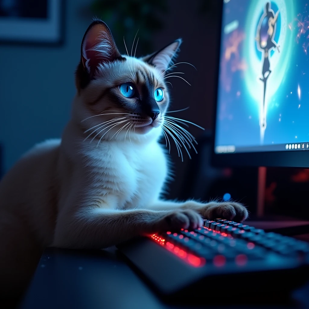 Make a Siamese cat that sits at the monitor and types on the keyboard at a gaming computer with blue eyes and fluff