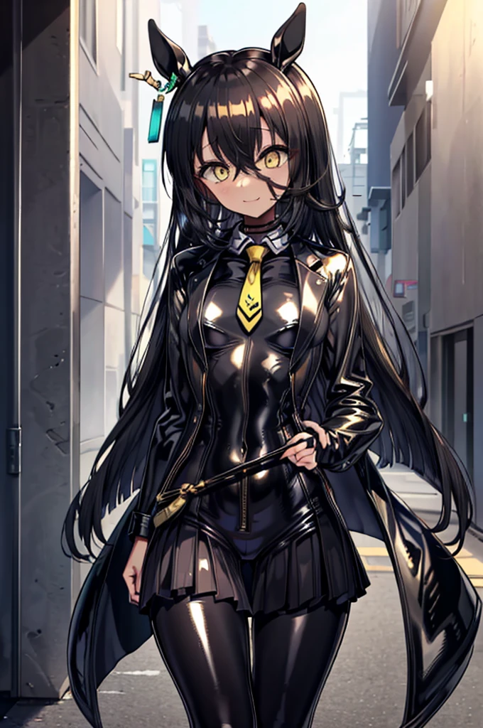 masterpiece, Highest quality:1.2), Manhattan Cafe(umamusume), One Woman, alone,Glowing Skin、Yellow Eyes、Eyes without highlights、Black Hair, Long Hair, Straight Hair, Thick legs、Are standing、Cowboy Shot、smile、((latex))、(Shiny black skirt, A shiny, light-reflecting rubber suit, Zipper stretches from neck to crotch)、Shiny yellow tie, ((Glossy black jacket, Light-reflecting jacket)), pantyhose、