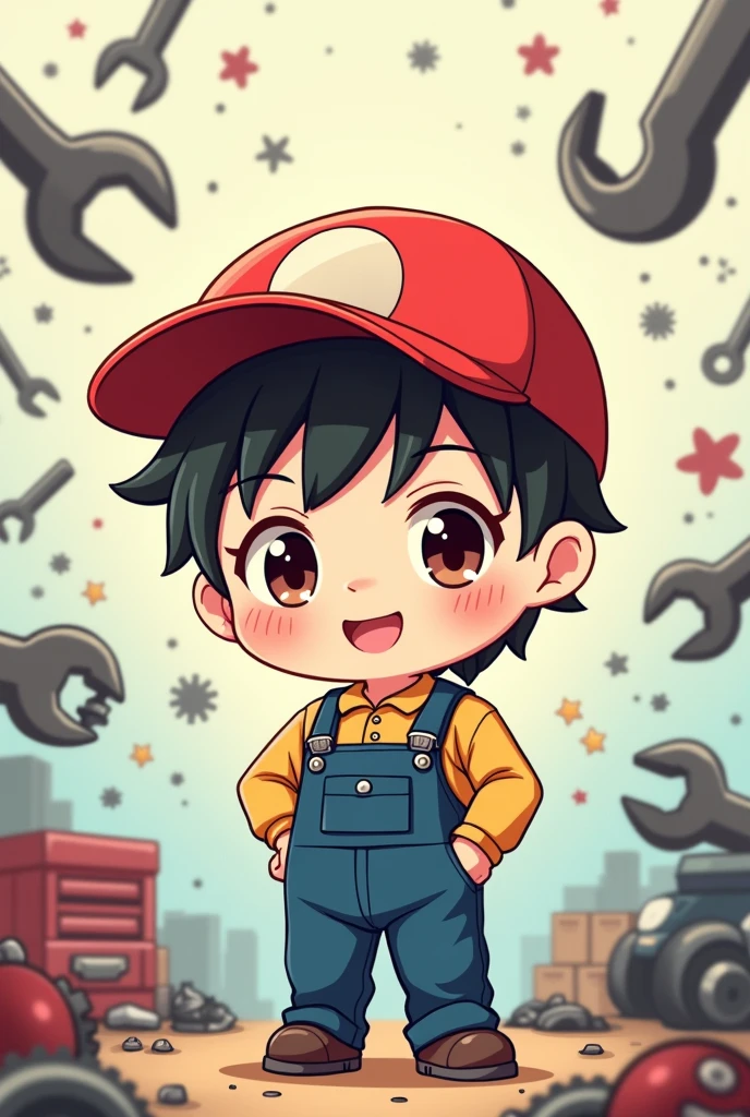 representing the anime automotive mechanic career, chibbi, cute as a manga with small objects representing automotive mechanics in the air
