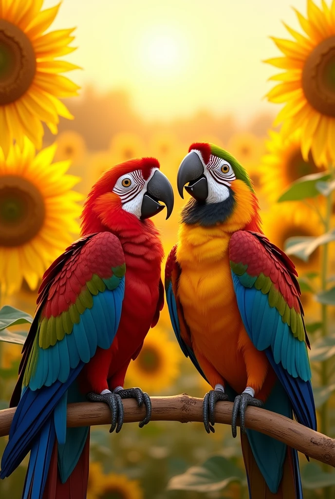 two macaws with neck cords, one from the veterinary school and the other macaw with a cord from the law school, in a sunflower plantation