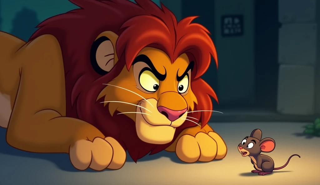 The lion wakes up with an irritated expression, its eyes half-open, while the tiny mouse looks startled.