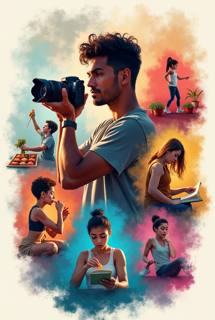 Collage of 5 images about me: Passion for photography and cooking, passionate about drawing, He liked the gym, the bike and calisthenics, love of reading, learn french language.