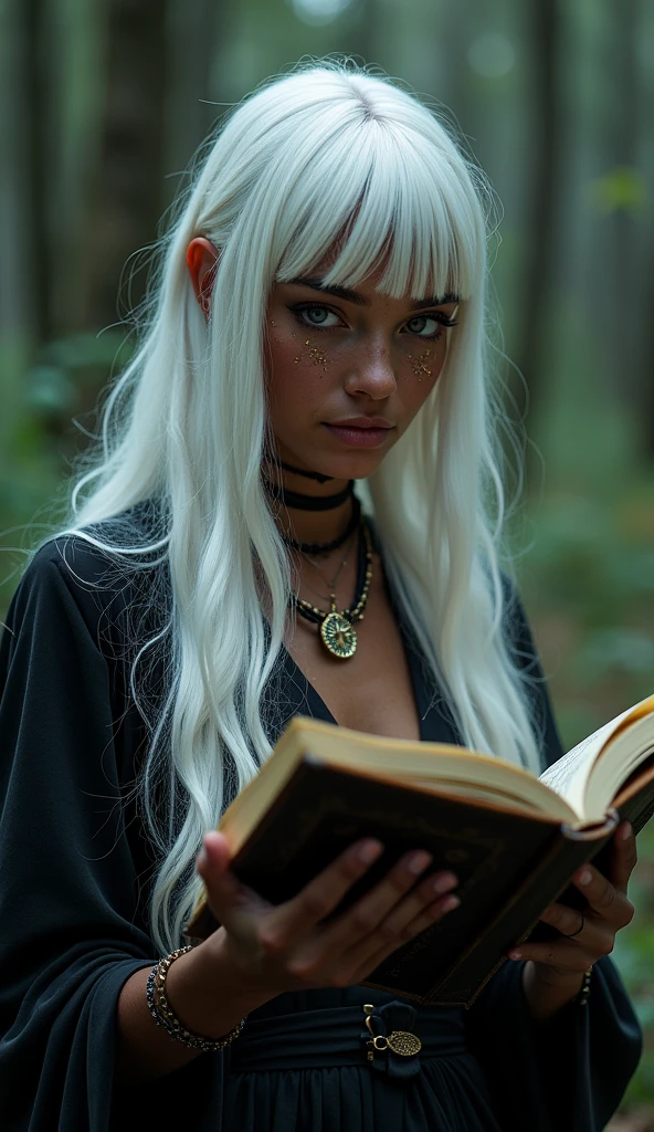 A beautiful young dark skin witch with star-like freckles, reading her grimoire in a forest, with long white hair and bangs, (best quality,4k,8k,highres,masterpiece:1.2),ultra-detailed,(realistic,photorealistic,photo-realistic:1.37),magical forest,dark moody lighting,dramatic shadows,intricate details,occult symbols,glowing eyes,detailed facial features,elegant dress,floating pages,enchanted atmosphere