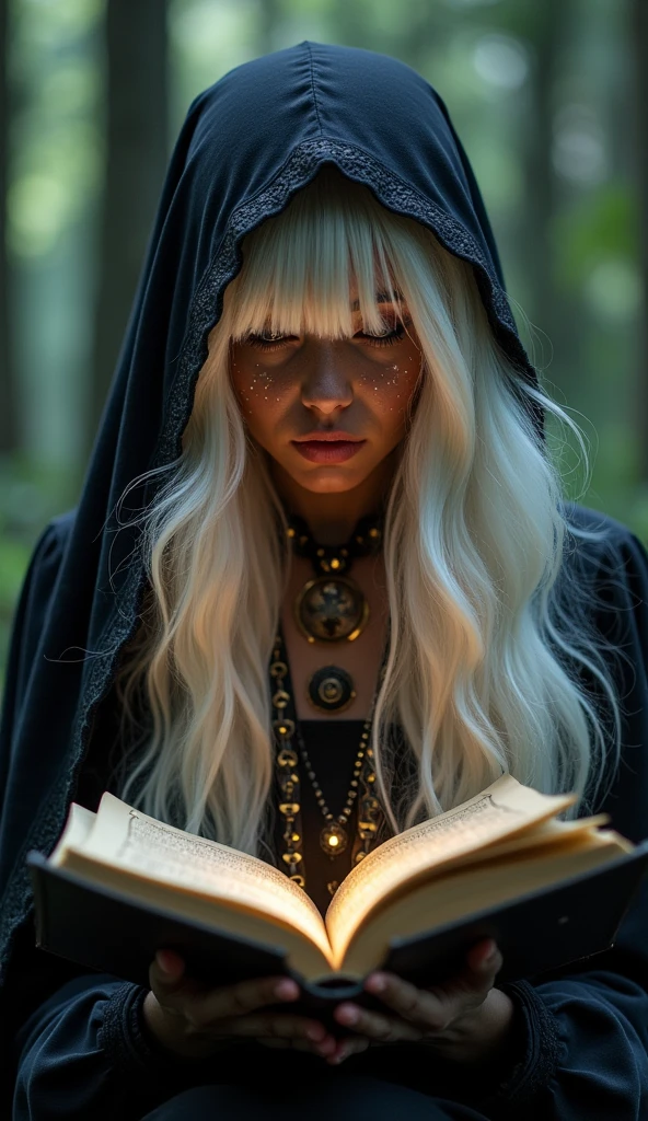 A beautiful young dark skin witch with star-like freckles, reading her grimoire in a forest, with long white hair and bangs, (best quality,4k,8k,highres,masterpiece:1.2),ultra-detailed,(realistic,photorealistic,photo-realistic:1.37),magical forest,dark moody lighting,dramatic shadows,intricate details,occult symbols,glowing eyes,detailed facial features,elegant dress,floating pages,enchanted atmosphere