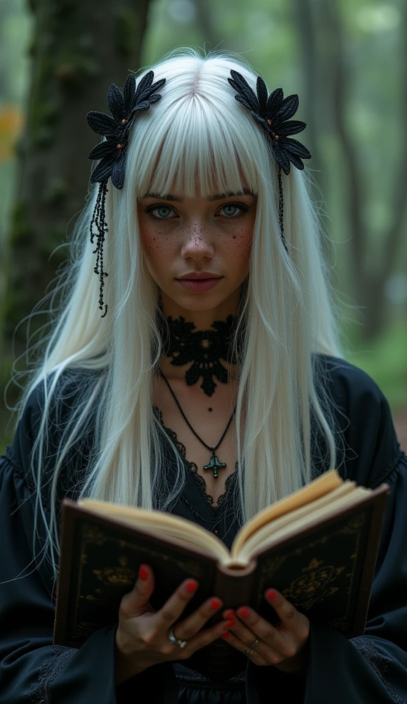 A beautiful young dark skin witch with star-like freckles, reading her grimoire in a forest, with long white hair and bangs, (best quality,4k,8k,highres,masterpiece:1.2),ultra-detailed,(realistic,photorealistic,photo-realistic:1.37),magical forest,dark moody lighting,dramatic shadows,intricate details,occult symbols,glowing eyes,detailed facial features,elegant dress,floating pages,enchanted atmosphere