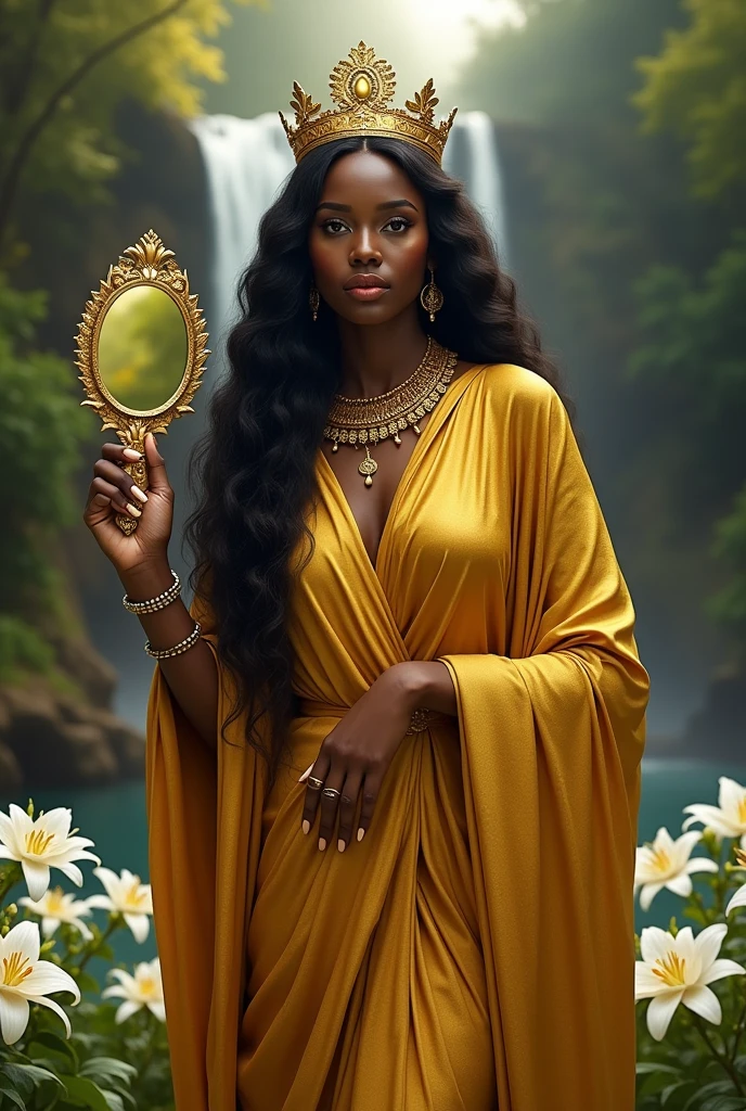A realistic depiction of an African woman embodying African royalty. She has long, wavy hair and is wearing golden robes that shimmer in the light. A regal crown adorns her head, and she holds an ornate golden mirror in one hand. The background is a lush forest setting, featuring a serene waterfall cascading down and white lilies blooming around her. The scene captures a sense of majesty and tranquility, with the woman's golden attire contrasting beautifully against the vibrant green of the forest and the flowing water of the waterfall