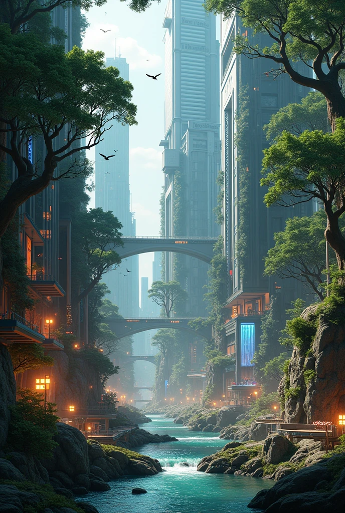 draw a scene where a cityscape and a natural landscape merge seamlessly. Imagine a bustling urban environment where skyscrapers are intertwined with giant trees and the streets are filled with flowing rivers. Birds could be flying between buildings, and technology like neon signs and streetlights could be powered by natural elements like waterfalls and bioluminescent plants.