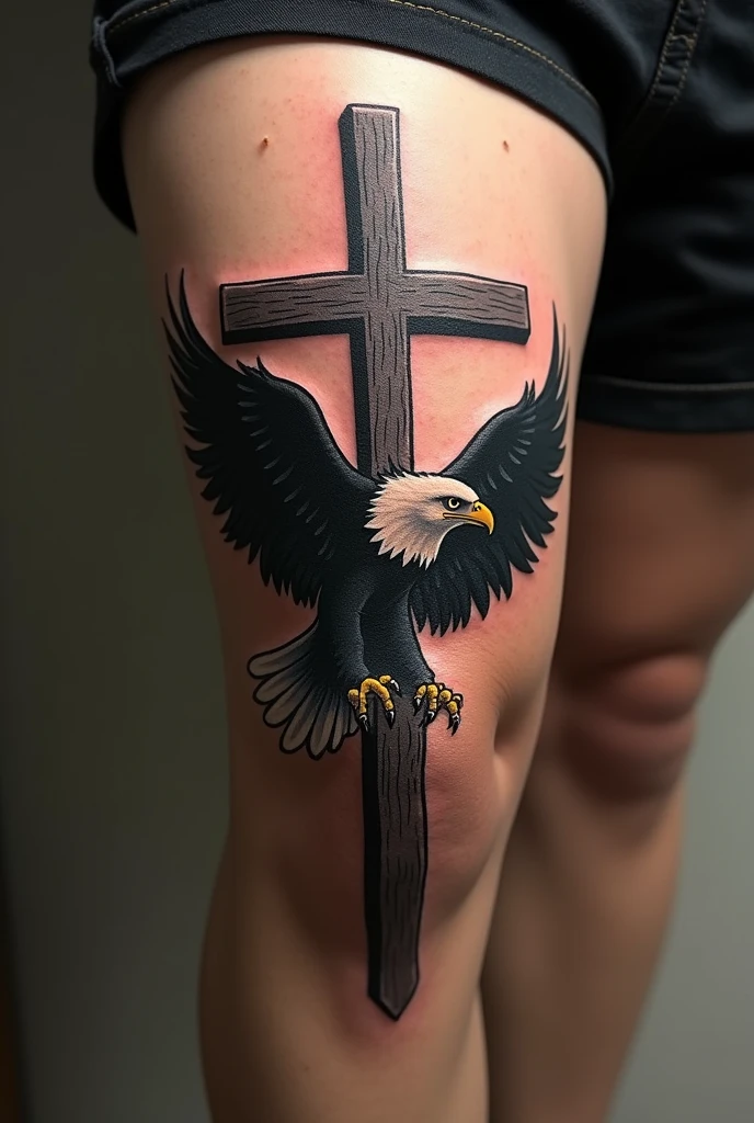 Tattoo on knee with cross and eagle