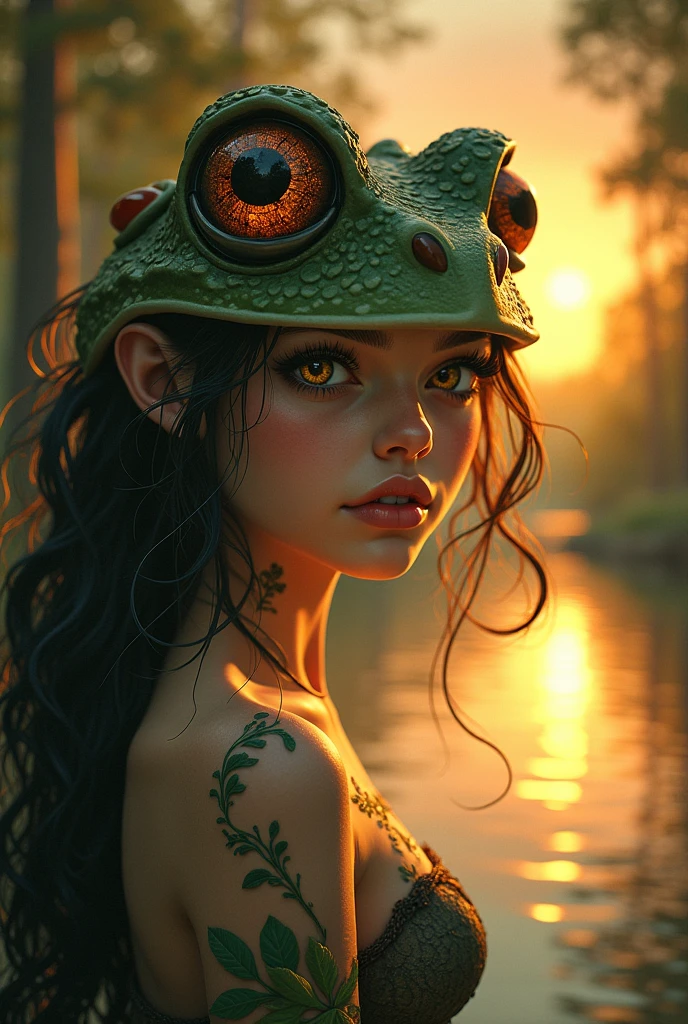 sensual gorgeous toad girl , colorful vivid, expresive beautiful eyes, with the sun setting in the background of a beautiful lake between trees. Roxy Paine Loish , Anne Bachelier portrait style,intricate, highly detailed