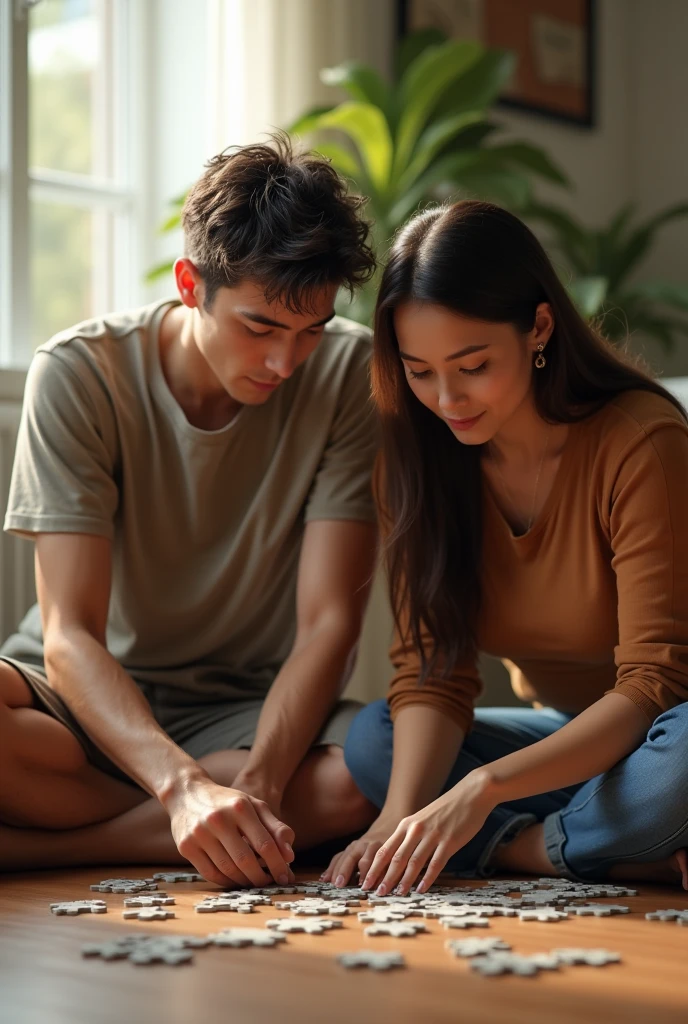An adult couple playing puzzles together on the floor. Tall thin man, t-shirt and shorts, fat woman, long hair, ful dressed. PICTURE REALISTIC.