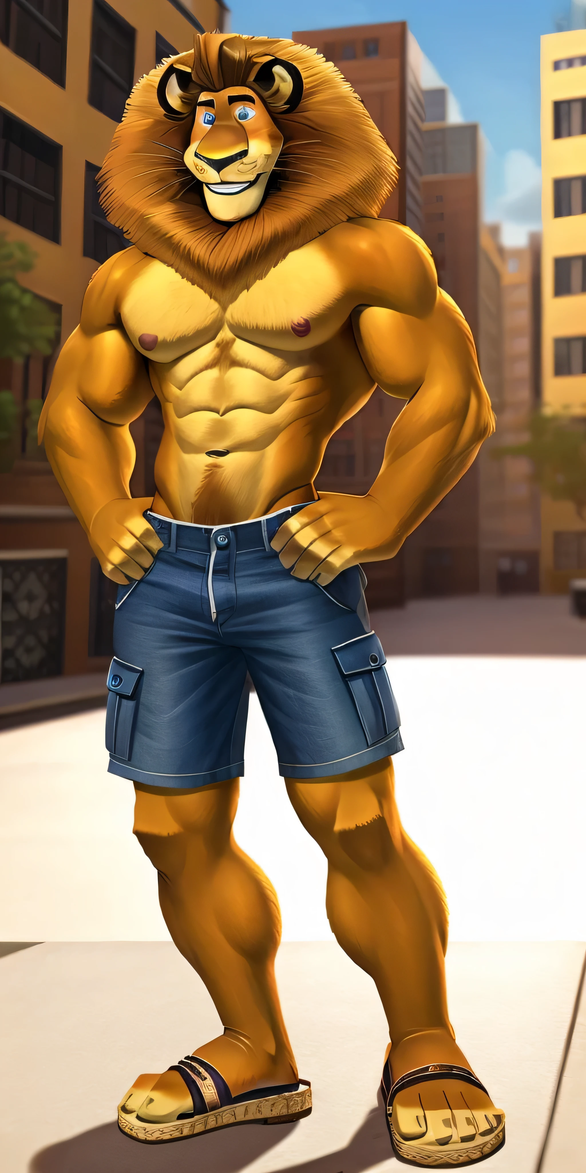 Alex the Lion, muscular body, big biceps, six pack abs, extremely beautiful and cute face, perfectly detailed blue eyes with perfectly detailed pupils, shirtless, denim cargo shorts, sandals, streets background, gentle look, cute smile