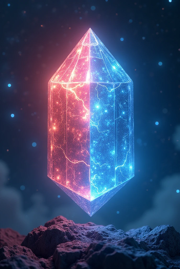 There is a great glowing, pulsating electric and plasma crystal hovering over the universe and half of it is electric red and half is invigorating blue., the background is the constellation of the Pleiades and Orion
