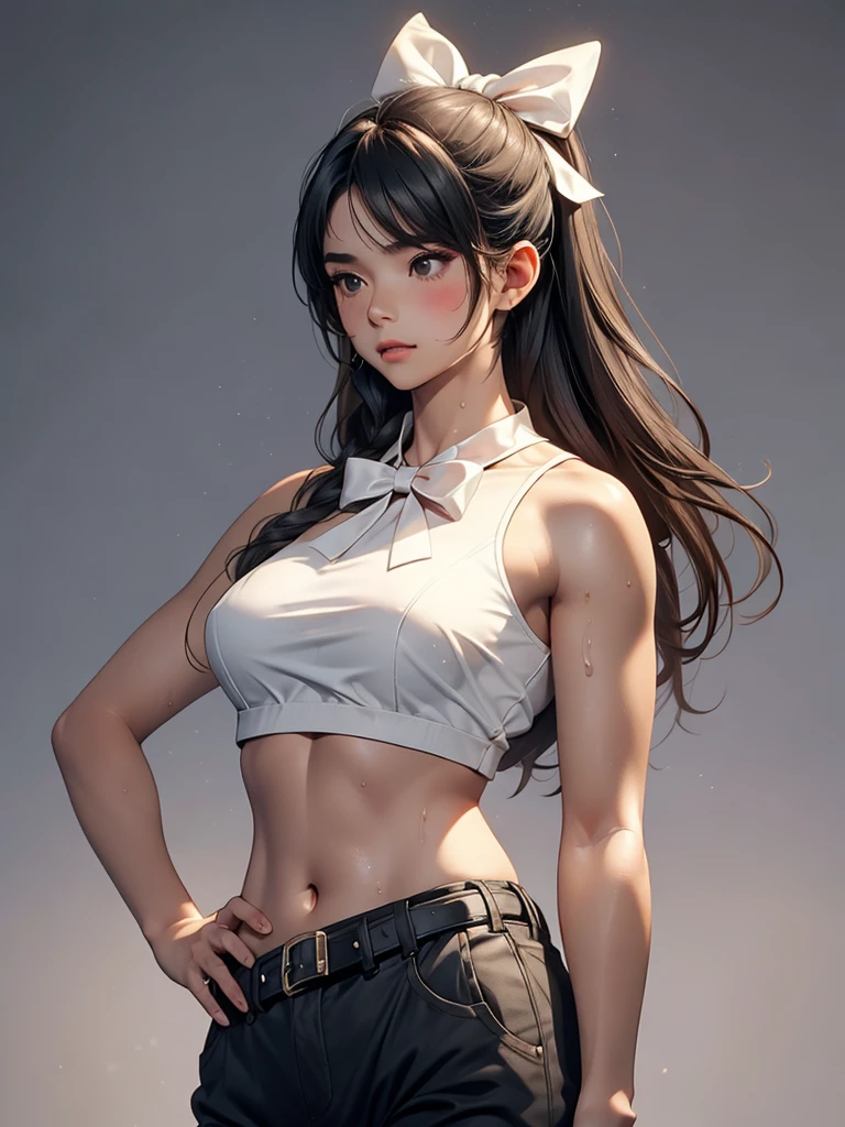 1girl,arms at sides,bare shoulders,belt,bow,breasts,crop top,grey background,hair bow,hair ribbon,large breasts,light blush,long hair,looking down,midriff,monochrome,navel,plump,ribbon,shiny skin,sidelocks,simple background,solo,steam,steaming body,sweat,underboob, thong
Back view
