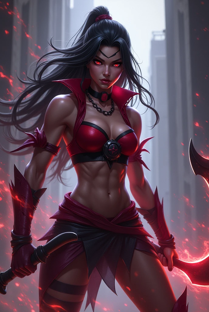 Akali from league of legends holding a scythe and an angelic kunai