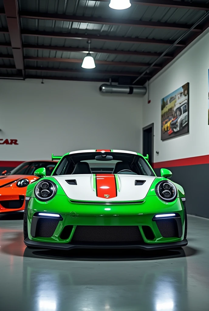 un GARAGE AVEC UN MAGNIFIQUE PORSCHE GT3 RS, avec sur le mur une benderole DELMAS RACING CAR EN GROS