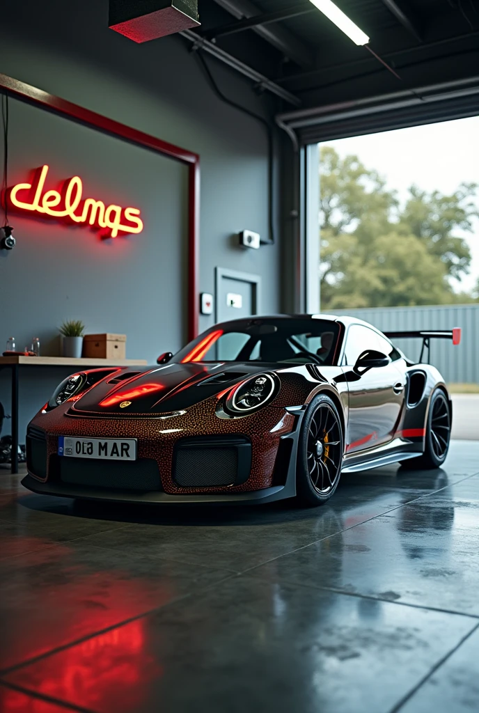 un GARAGE AVEC UN MAGNIFIQUE PORSCHE GT3 RS, avec sur le mur une benderole DELMAS RACING CAR EN GROS