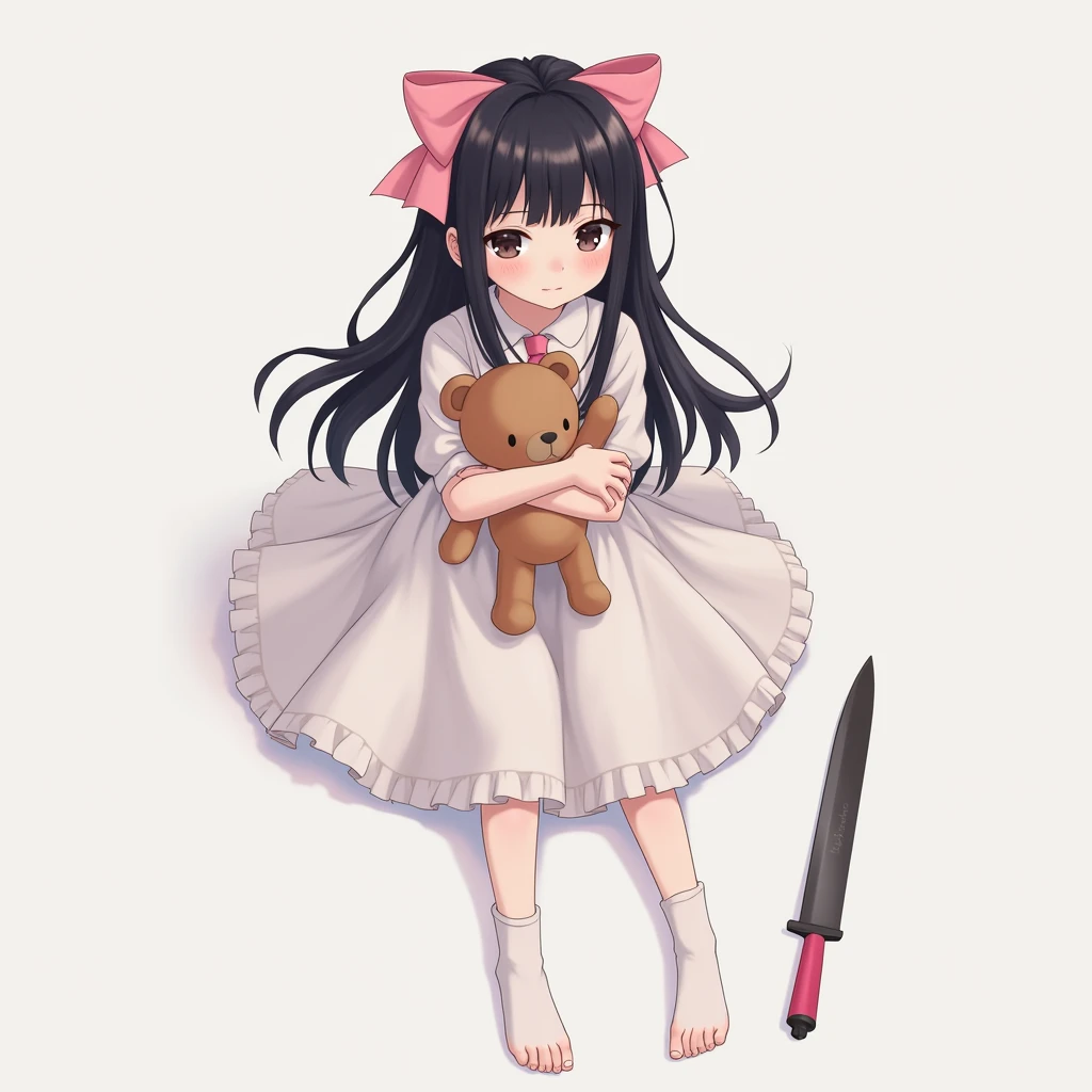 14 or girl with long straight black hair with a pastel pink bow in her hair, white dress that reaches to her knees and knee-high stockings, barefoot with a teddy bear in her hands and a knife with a pastel pink bow, anime, sexy