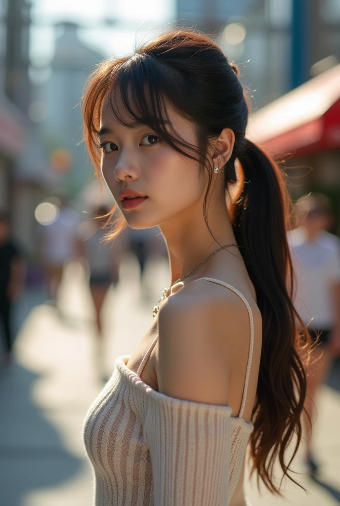 ((Realistic sunlight, 8k, Highest quality, masterpiece: 1.3)), Highest quality, figure, Very detailed, In detail, High resolution, 8k wallpaper, Perfect dynamic composition, Beautiful attention to detail, (Tight off-the-shoulder knitted dress:1.3),((Small breasts)), Natural color lip, Random sexy poses, Tokyo, walk, 20-year-old girl, Sweaty skin:1.4, (Beautiful and exquisite face and eyes:1.4),Beautiful long hair, Very detailed顔と肌の質感, Very detailed唇の質感, Beautiful attention to detail, RAW Photos, ((Very delicate and cute Japanese girl:1.4)), (1 girl)), Perfect Style, Cleavage, necklace, Earrings, Realistic Shadows, ((Focus on the back:1.6)),Browsing Caution,(From behind:1.8), (avert your eyes:1.5), ((Put your arms behind your head:1.5)), ((Buckshot:1.8)), 