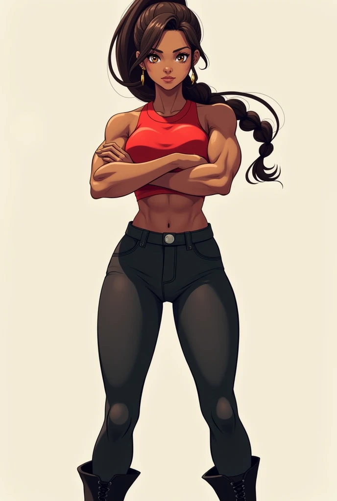 age female, dark-skinned, brown eyes and hair, She is wearing a red sleeveless blouse and black pants with boots of the same color. She has her arms crossed., He has a little bit of muscles and his hair is long and tied in a high braid..
anime style