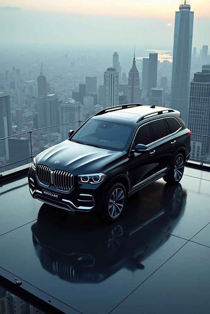 A Big Black SUV car on the helipad of the top floor of building