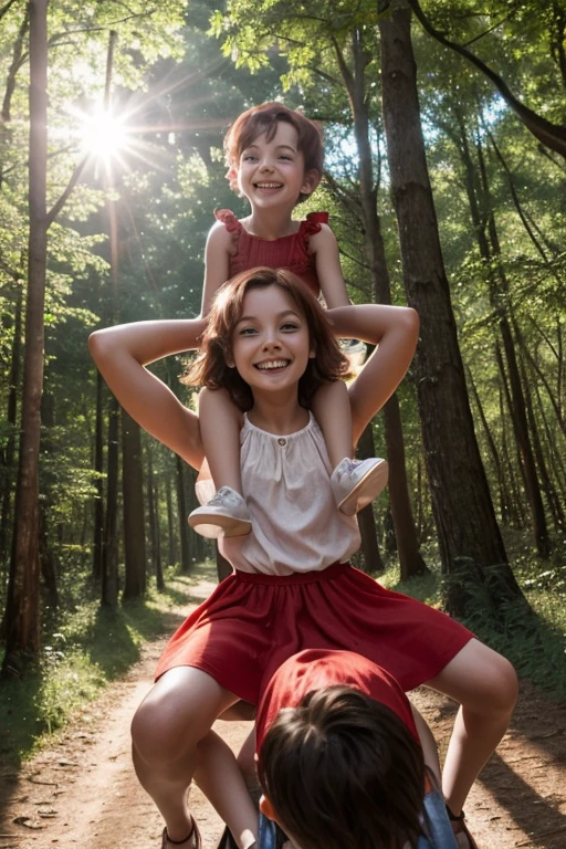 Very happy young skinny children with short red hair, dressed in light summer dresses, ride on their dad's shoulders in a forest in the middle of the afternoon